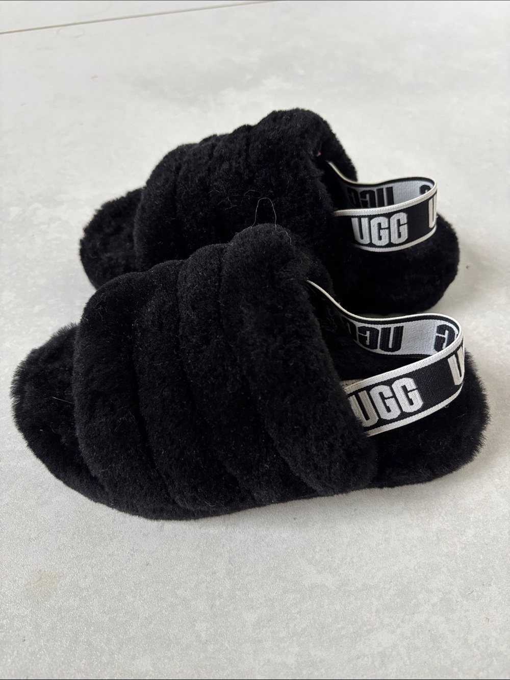 UGG Kids Black Plush Slide with Branded Heel Strap